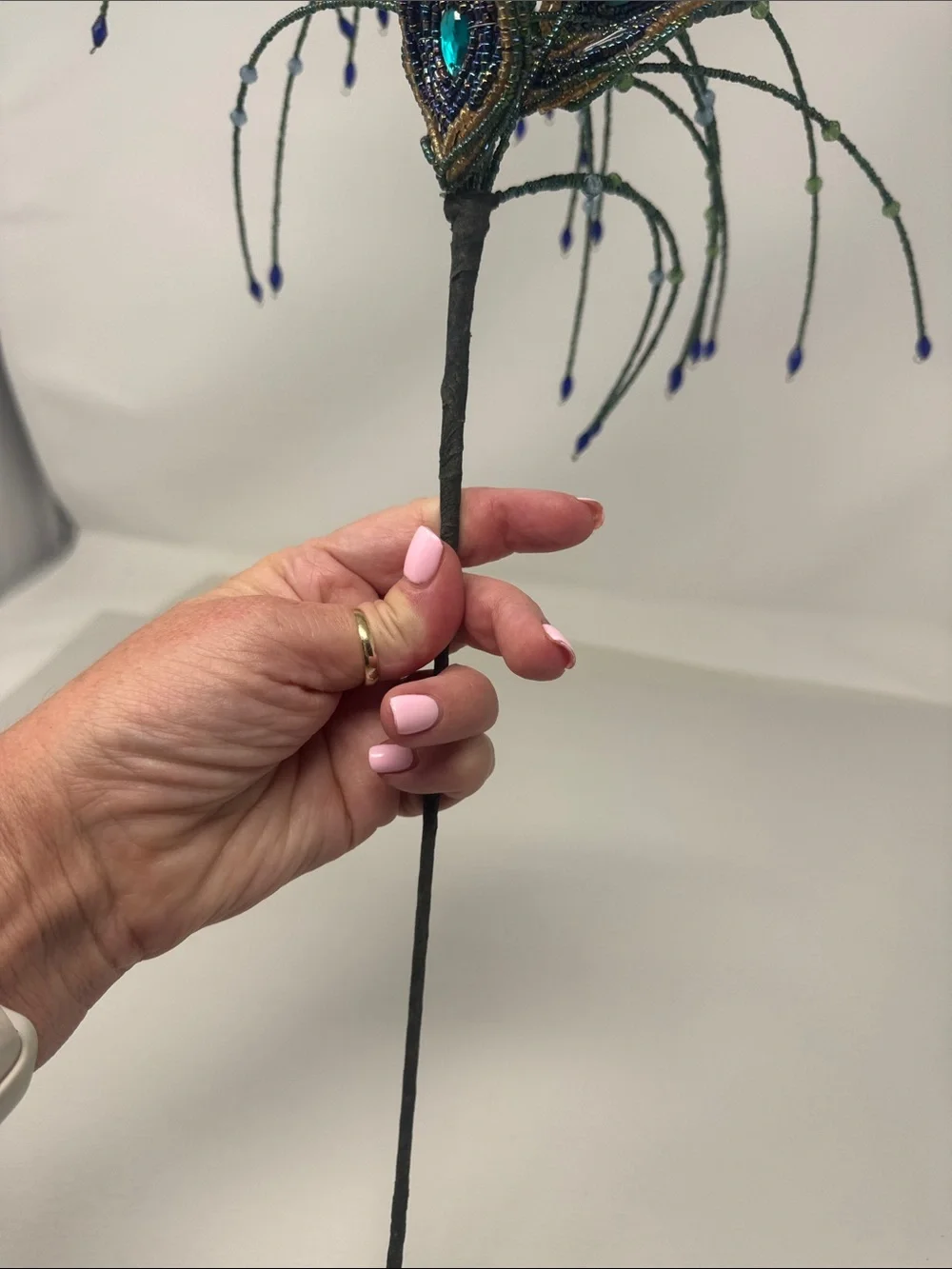 BEADED PEACOCK FEATHERS FOR A FLORAL ARRANGEMENT VASE DECOR ON STICK  RARE BOHO